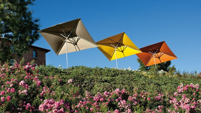 Ombrellone rettangolare eccentrico, 3x4m + piastre di zavorra 50x50cm, Blu